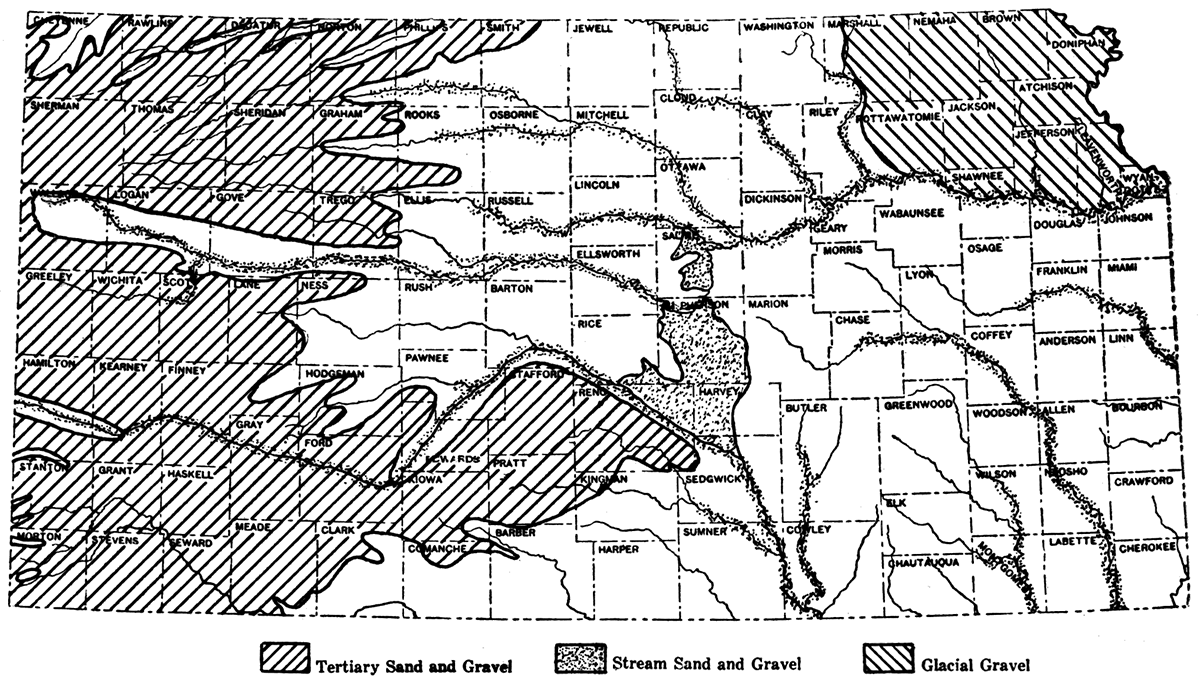 Map of Kansas, showing the distribution of sand and gravel.