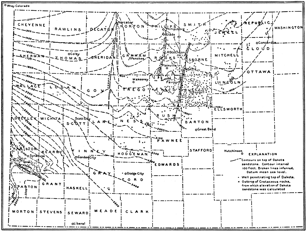 Reconnaissance map of western Kansas showing structure of Dakota sandstone.
