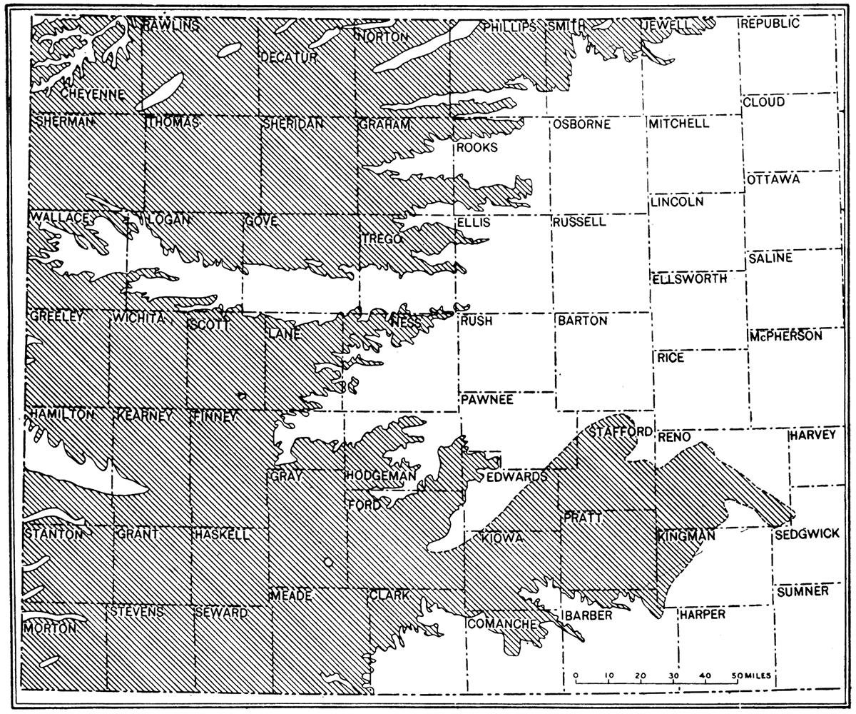 Map of western Kansas, showing areas covered by Tertiary rocks.