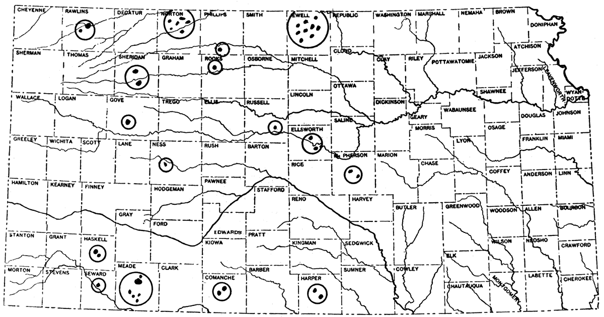 Map of Kansas showing the distribution of volcanic ash deposits.