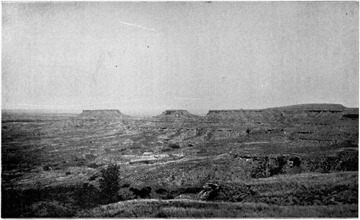 Black and white photo of Northern end of Gypsum hills. near Medicine Lodge, Barber county. showing typical badlands of the Permian red beds.