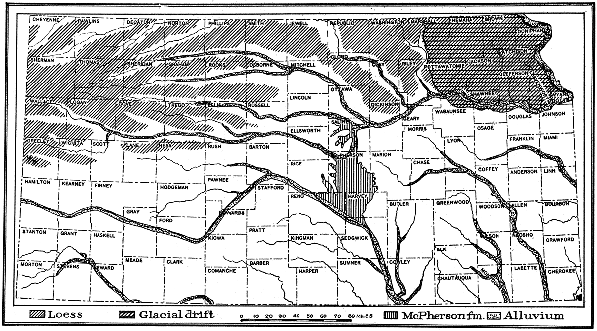 Outline map showing distribution of Quaternary deposits of Kansas.