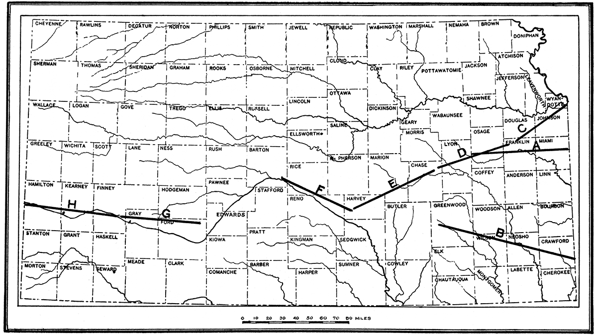 Map showing location of geologic sections A-H.