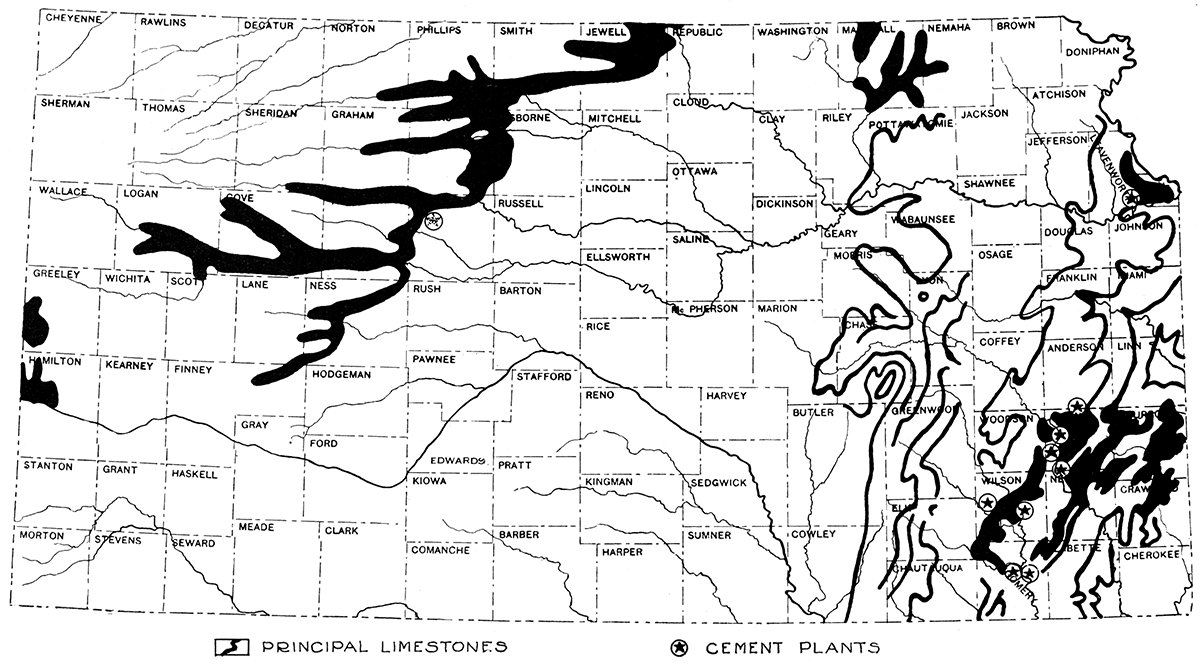 Map showing cement plants and the distribution of principal limestones.