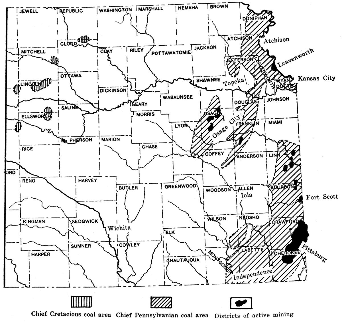 Map of eastern Kansas, showing chief coal-producing areas and active mining districts.