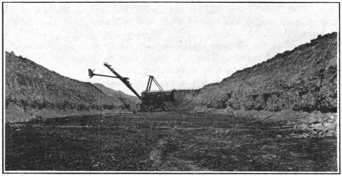 Black and white photo of General view of strip pit.
