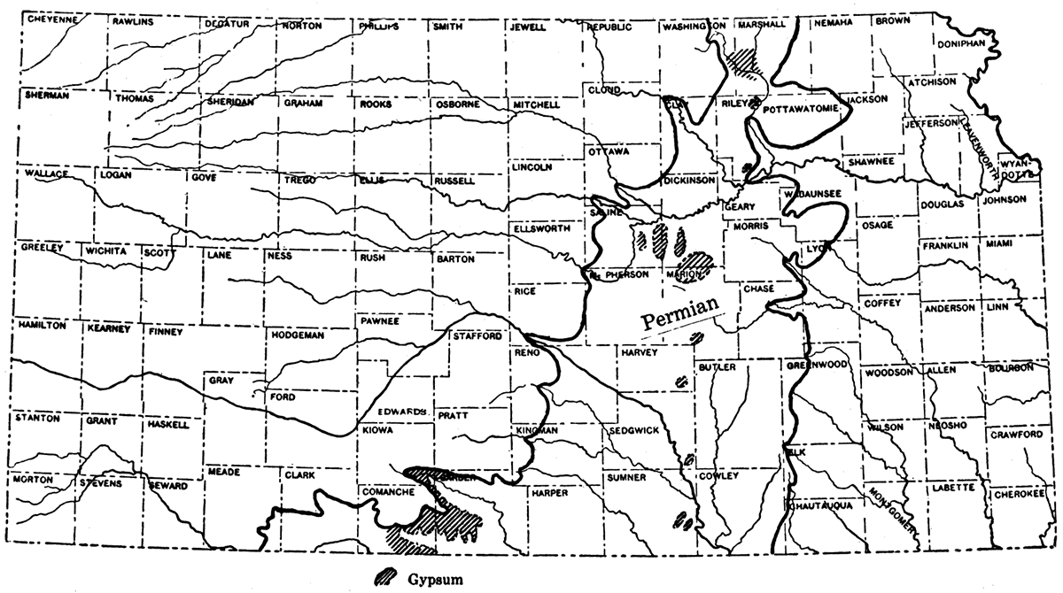 Map of Kansas showing the distribution of gypsum deposits.