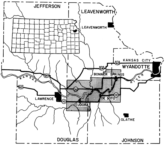 Study area in NE Kansas, at intersection of Johnson, Douglas, Leavenworth, and Jefferson counties.