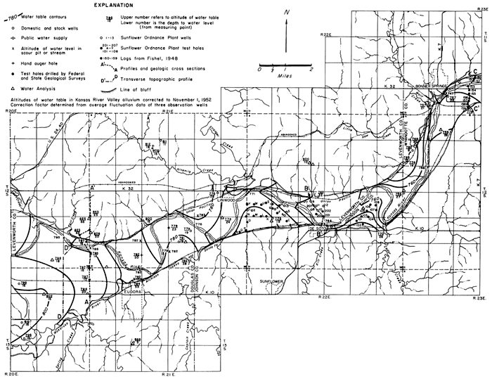 Map of the study area showing test hole locations; water table at 800 ft on west of Eudora; 760 ft at Wyandotte Co. border.
