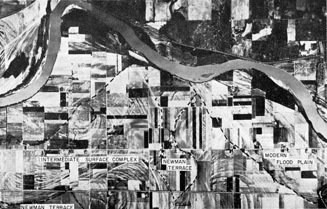 Black and white aerial photo of Kansas River valley.