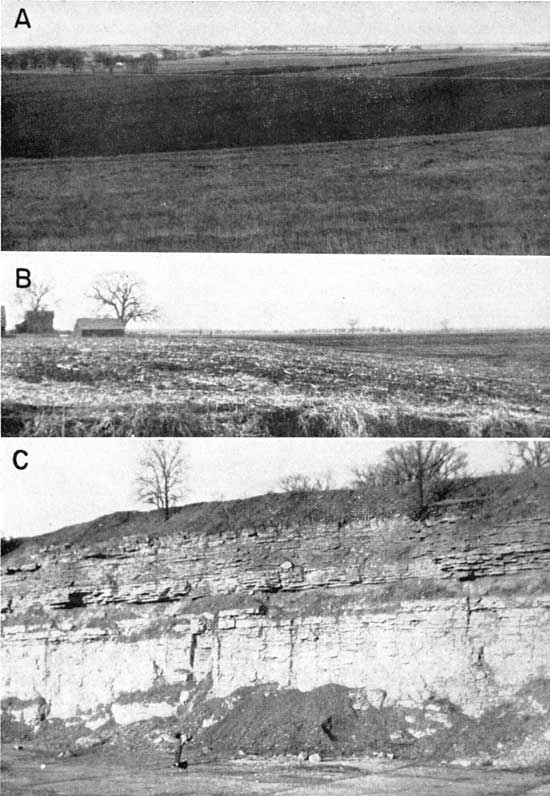 Three black and white photos of terraces, scarps, and Wyandotte Limestone outcrop.