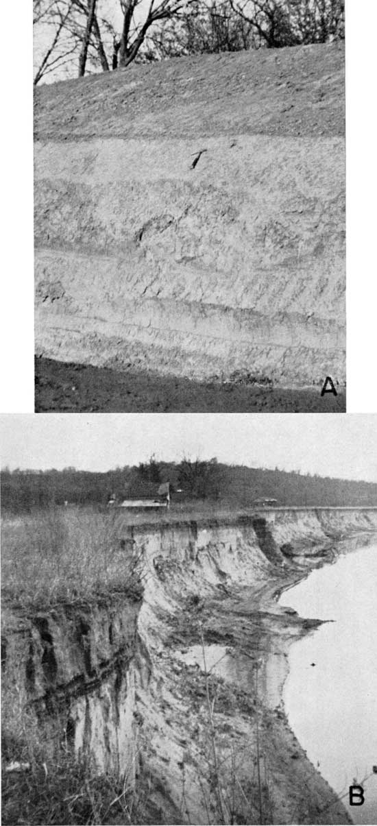 Two black and white photos of Sanborn Group and Buck Creek Terrace, and newly eroded bank of river.