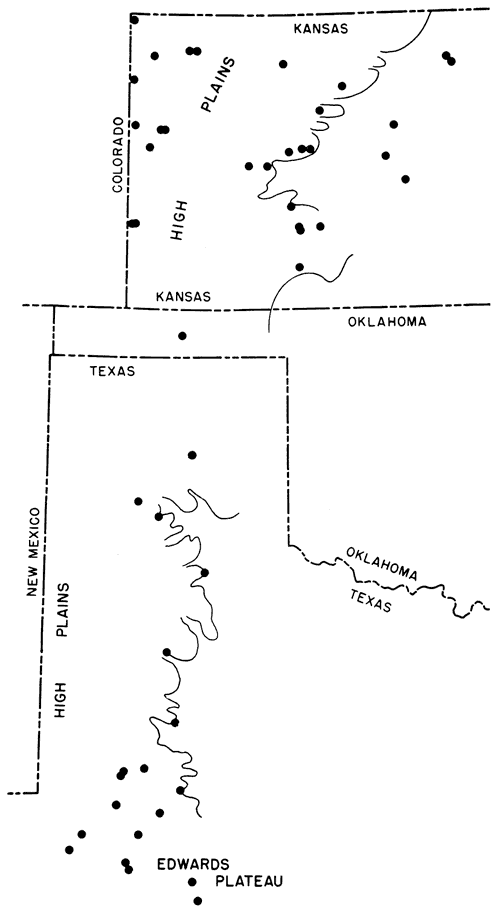 Points located in panhandles of Texas and Oklahoma and western Kansas