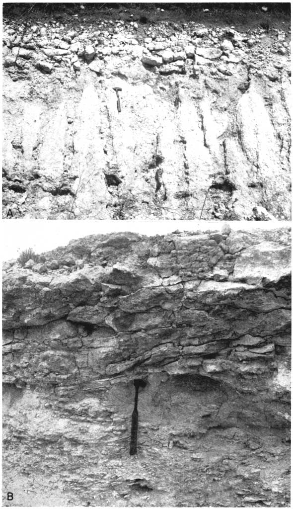 Two black and white photos. Upper photo is of an nodular (rubbly looking) white limestone (1-2 feet thick) above an eroded (vertical channels) white, finer grained bed, 5+ feet thick, rock pick for scale. Lower photo is of much thicker resistant bed (3+ feet) above a softer bed.