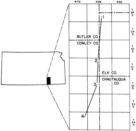 Section run from east-central Cowley County along Cowley-Chautauqua and Cowley-Elk borders into northeast Elk.