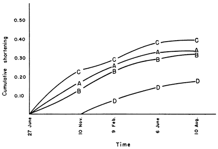 All lines have similar shape, with gentle change that seems to lessen over time.  Max shortening is around 30%.