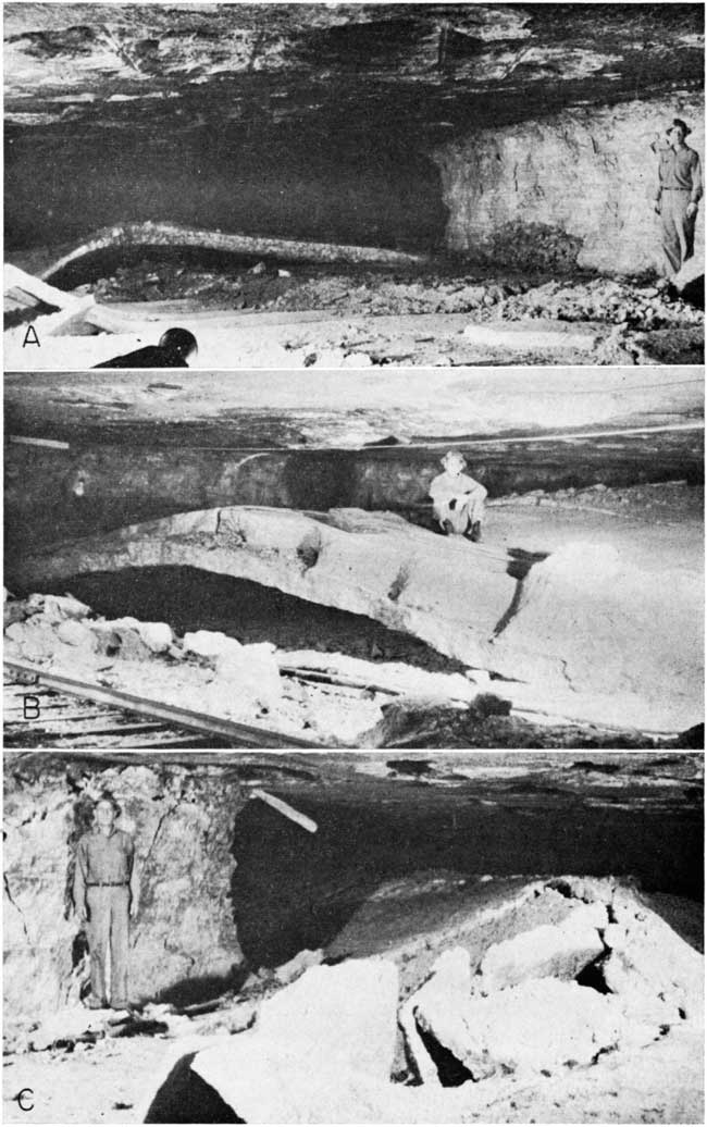 Three black and white photos of salt mine workings; top: man standing against pillar, arch of salt layer in background rises 2-3 feet; middle, man sitting on buckle that has risen to 2-3 feet from roof, rail tracks next to break in arch; bottom, buckle is fractured at top.