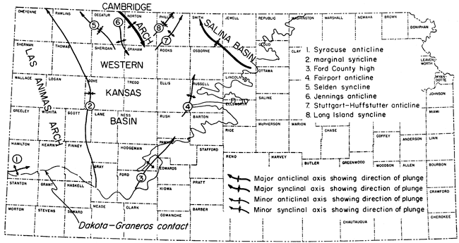 Kansas map with major and minor structures of western Kansas indicated.