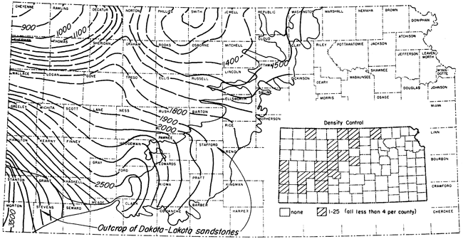 Depth ranges from 3500 in Morton to 900 in Cheyenne; many counties indicated as having no sample data.