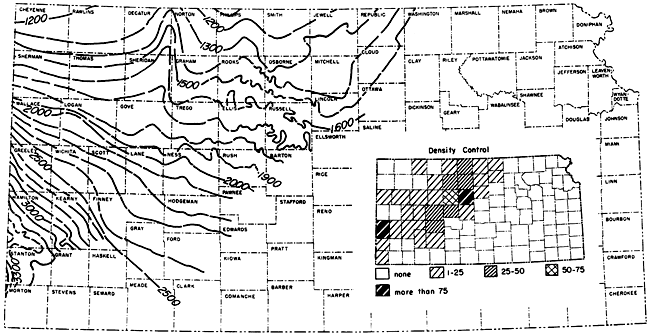 Depth ranges from 3300 in Stanton to 1200 in Cheyenne; more points used to create map; contours do not extend as far south as in previus maps.