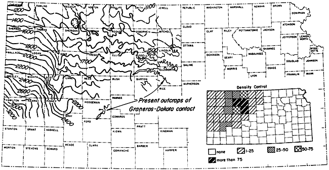 Depth ranges from 3200 in Hamilton to 1200 in Cheyenne; all counties have sample points, but counties near outcrop not sampled or contoured.