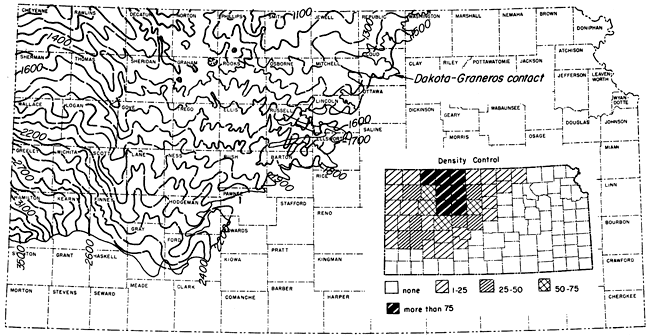 Depth ranges from 3200 in Hamilton to 1200 in Cheyenne; all counties have sample points; more detailed contours are shown, and contours closer to the outcrop are included.