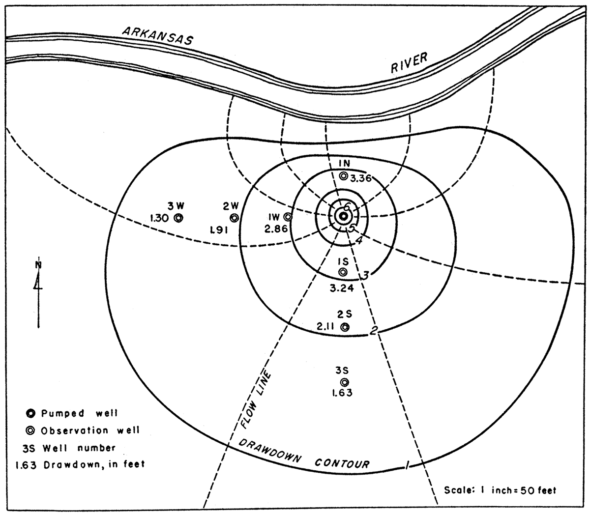 Contour map showing drawdown at end of aquifer test at Renick site (25-30-25da1).