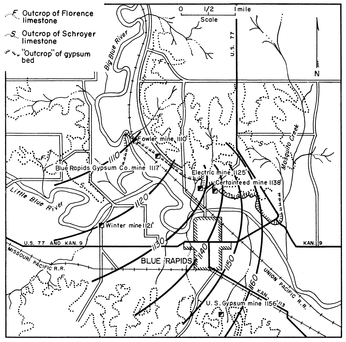 Map showing geology, structure, and location of mines in vicinity of Blue Rapids.