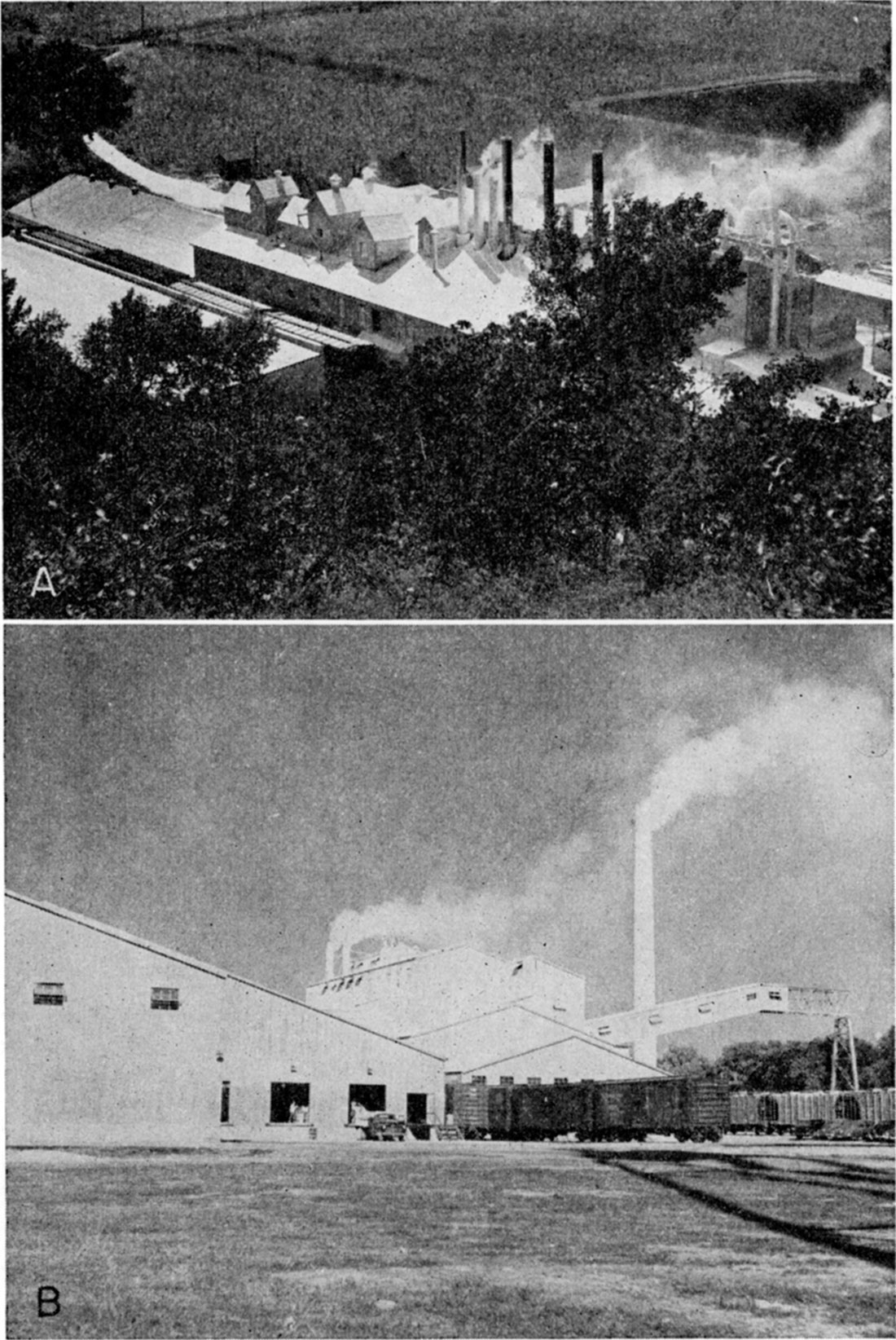 Two black and white photos; top is Certainteed Products Co. plant; bottom is National Gypsum Co. plant.