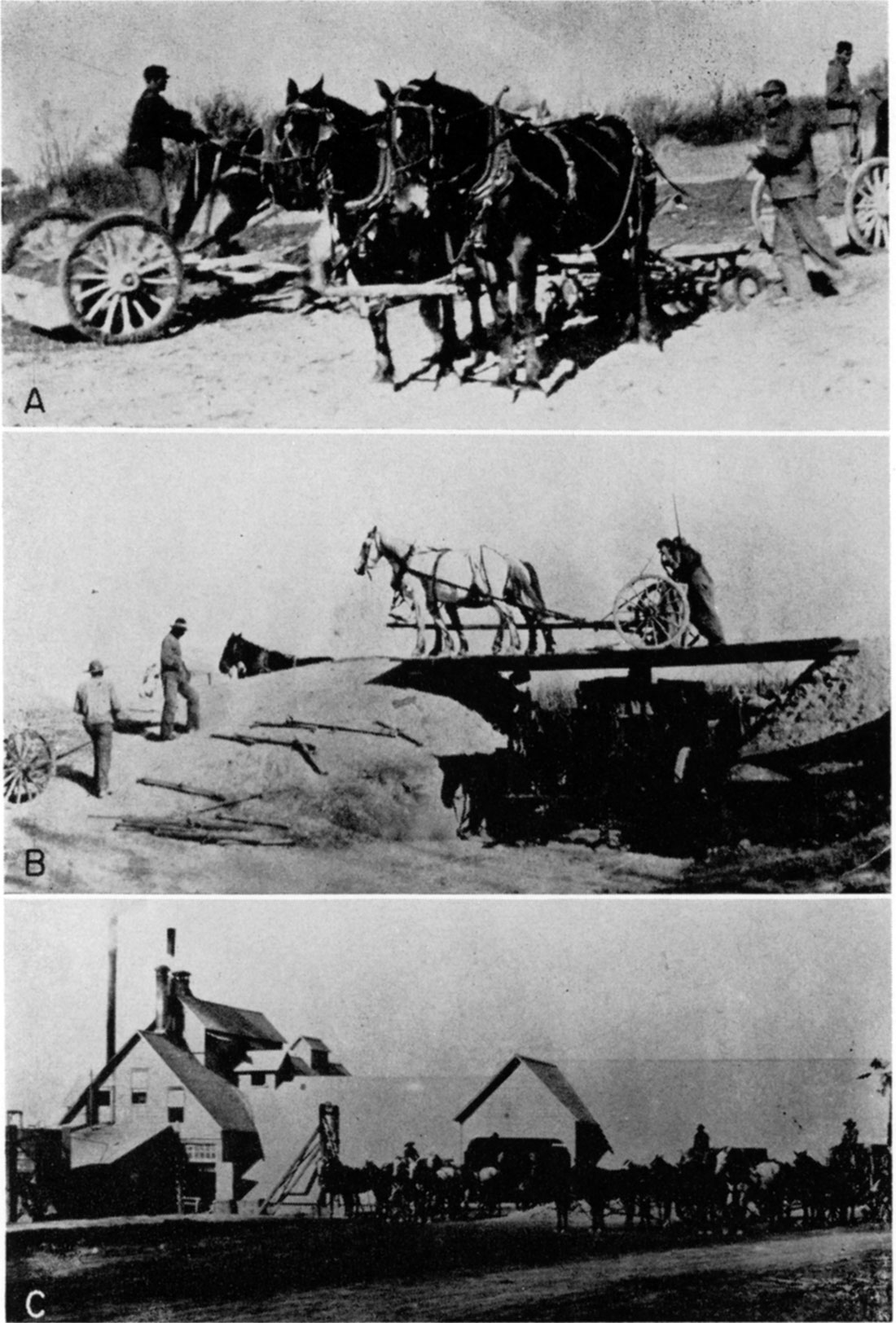 Three black and white photos; Longford gypsite pit and plaster mill, which operated from 1895 to 1912.