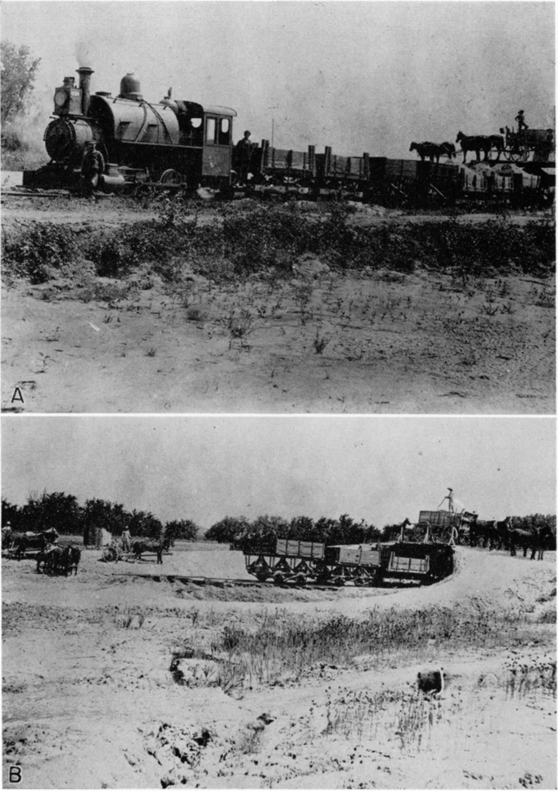 Two black and white photos; Narrow-gage railroad from Longford gypsite pit.