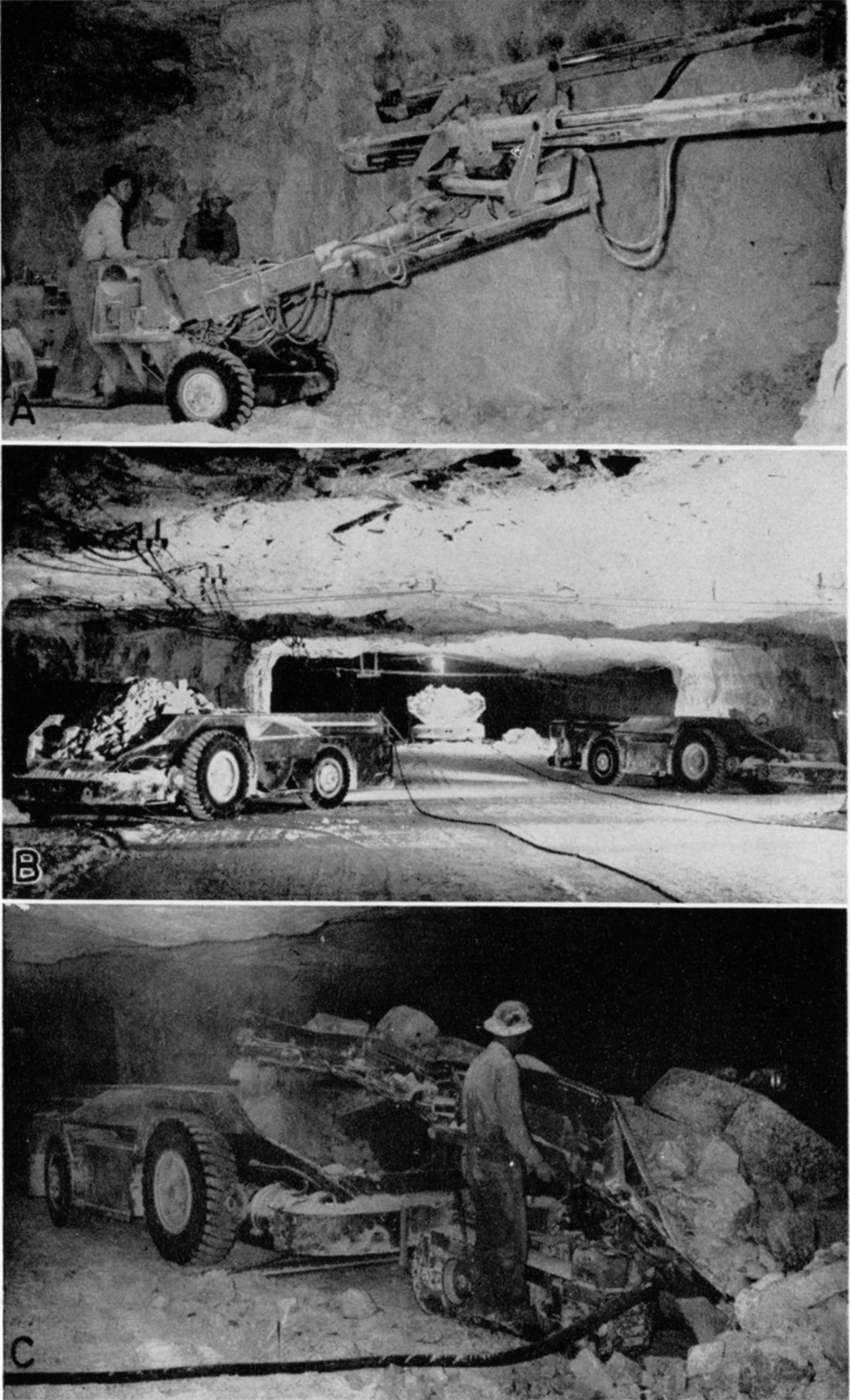 Three black and white photos; Equipment operating in Pioneer Mine, Sun City.