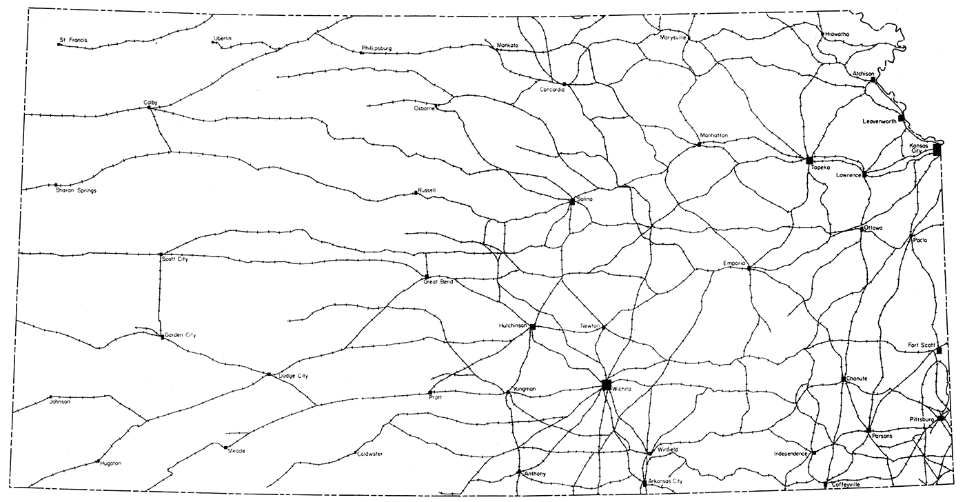 Railroad lines in Kansas, adapted from Kansas Industrial Resources.