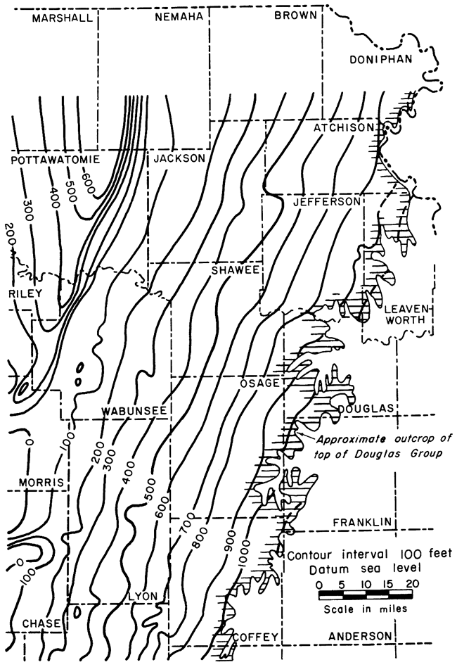 Elevation line of o occurs in Chase and Morris counties, rises to 100 near outcrop zone; another high of 600 to west of zero line in Pottawatomie Co.