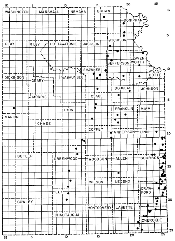 Samples located throughout eastern Kansas; one as far west as Dickinson.