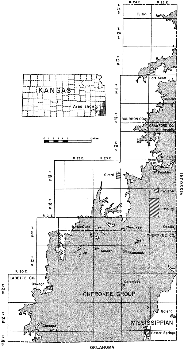 Map of southeastern Kansas; almost all of Cherokee Co. covered, as well as eastern Labettem southern and southeast Crawford, and eastern Bourbon.