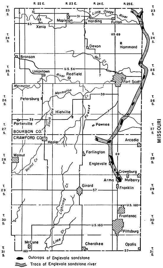 Trace of Englevale river runs north fromn Arma in Crawford Co to east of Forrt Scott and north along KS-MO border; outcrops scattered along channel.