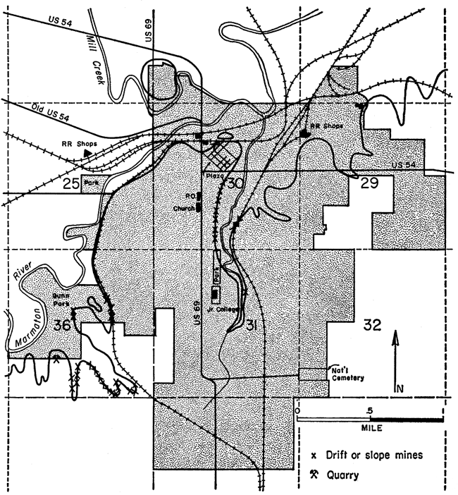 Trace of coal meanders through Fort Scott; mines are found in eastern half of city along trace.