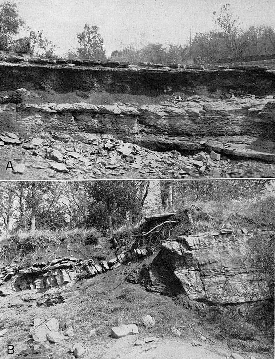 Two black and white photos of Blackjack Creek Limestone outcrops, second shows evidence of faulting.