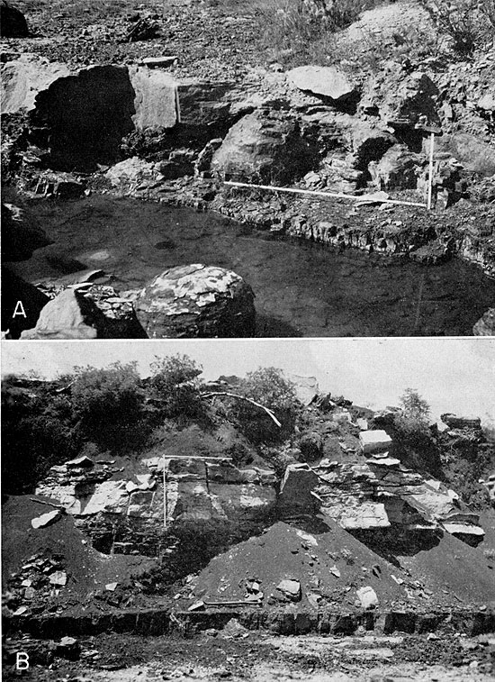 Two black and white photos; top shows Englevale Sandstone outcrop; bottom photo is of mine wall showing complete sequence.