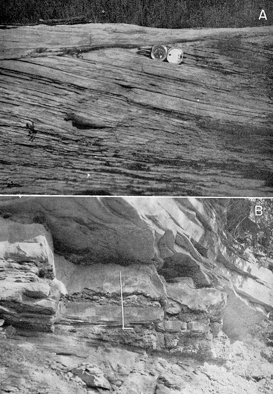 Two black and white photos; top shows cross bedding in Englevale Sandstone; bottom photo is of Englevale Sandstone above Lagonda Shale.