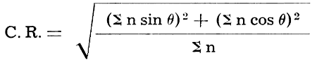 consistency ratio is square root of (((sum n sin theta) squared + (sum n cos theta) squared) divided by sum n)