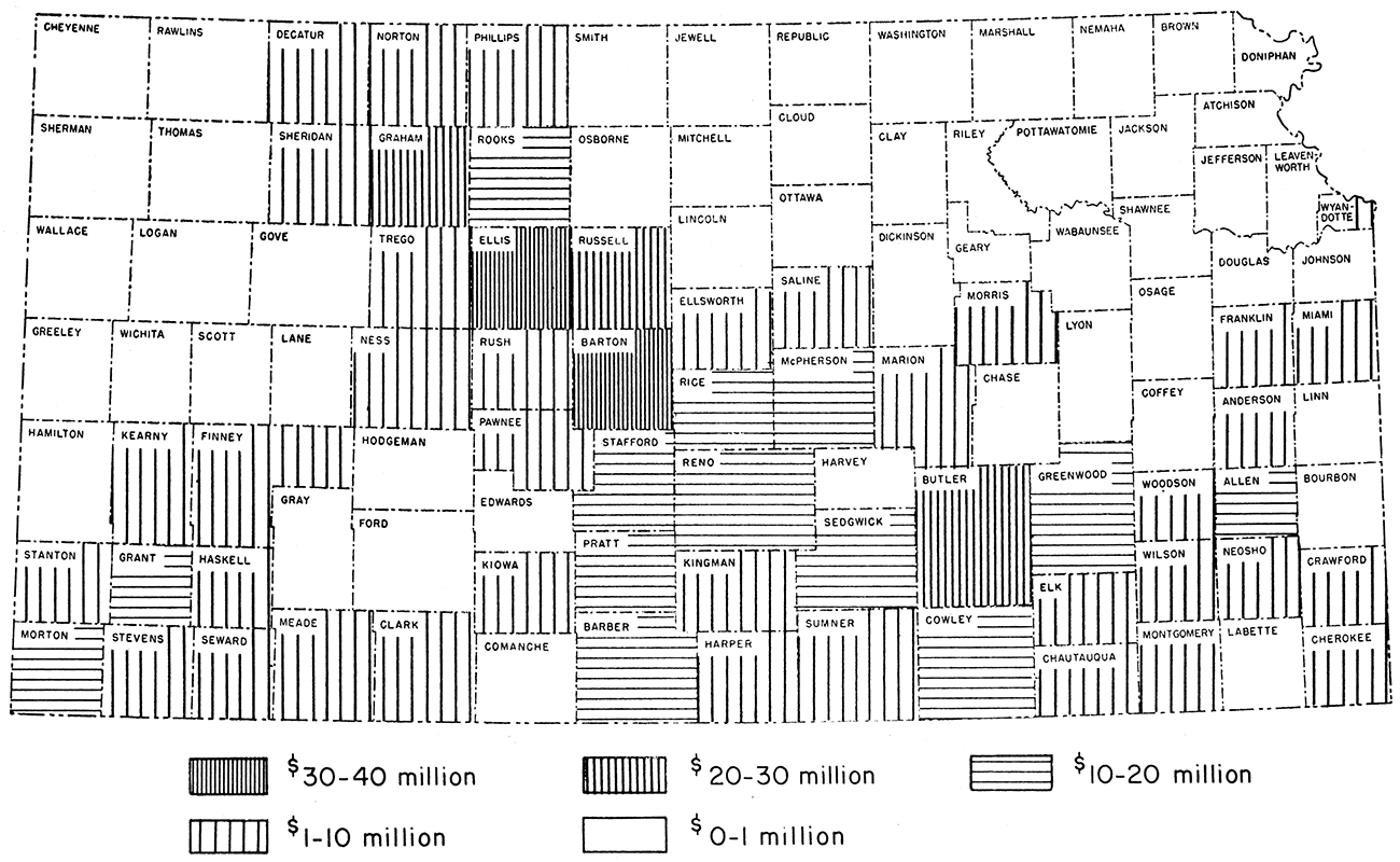 Map of Kansas showing range of value of 1958 mineral production per county.