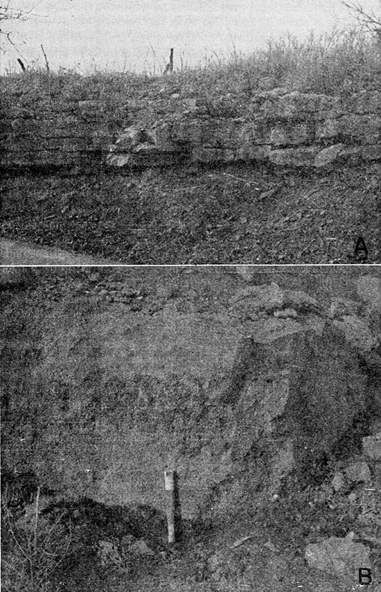 Two black and white photos; top photo is roadcut with broken up Silver Lake Shale beneath resistant beds of Burlingame LS; bottom photo is closeup of Tarkio Ls bed, rock hammer for scale.