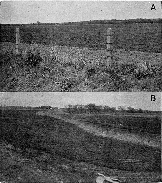 Two black and white landscape photos; top photo is plowed field, Newman Terrace; bottom photo is Newman Terrace and flood plain
