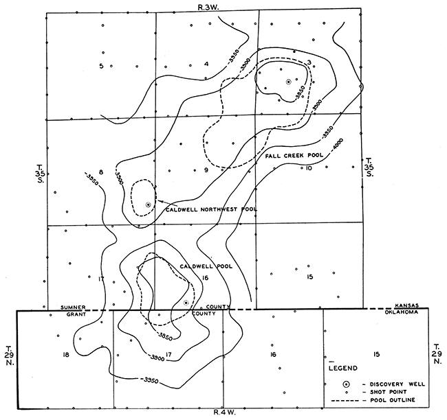 Reflection seismic map contoured on Arbuckle reflection.