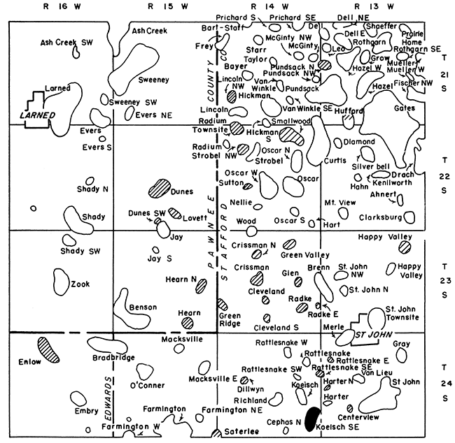 Map of Pawnee-Stafford county area, with Koelsch SE field in SW Stafford.