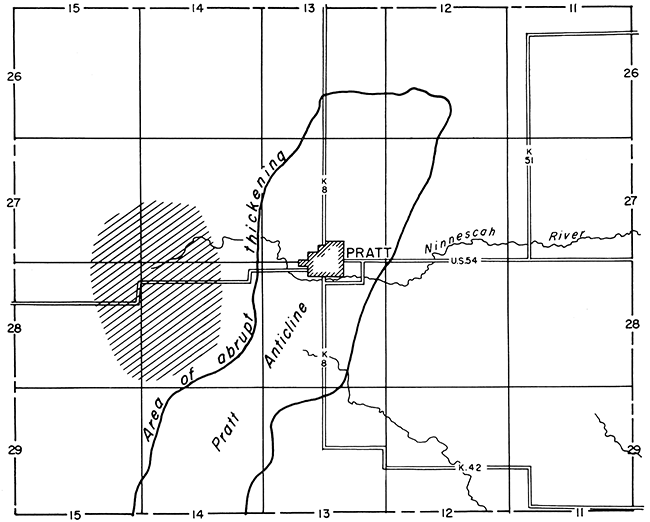 Map of Pratt County showing area of Pratt Anticline, running SW to NE through city of Pratt; anhydrite change to west of anticline.