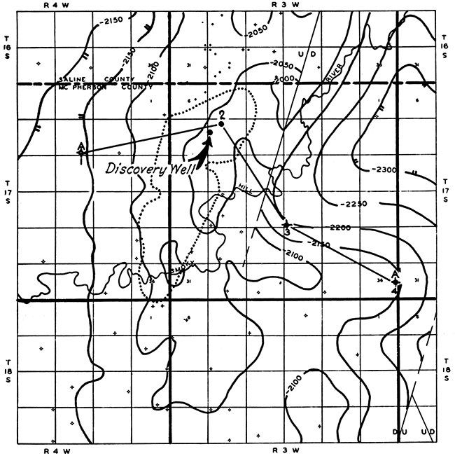 Geologic contour map on top of Viola limestone in Lindsborg pool area.