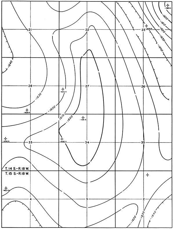 Contour map of top of Arbuckle, Engel pool; -1600 in center, drops to -1640 on edges.